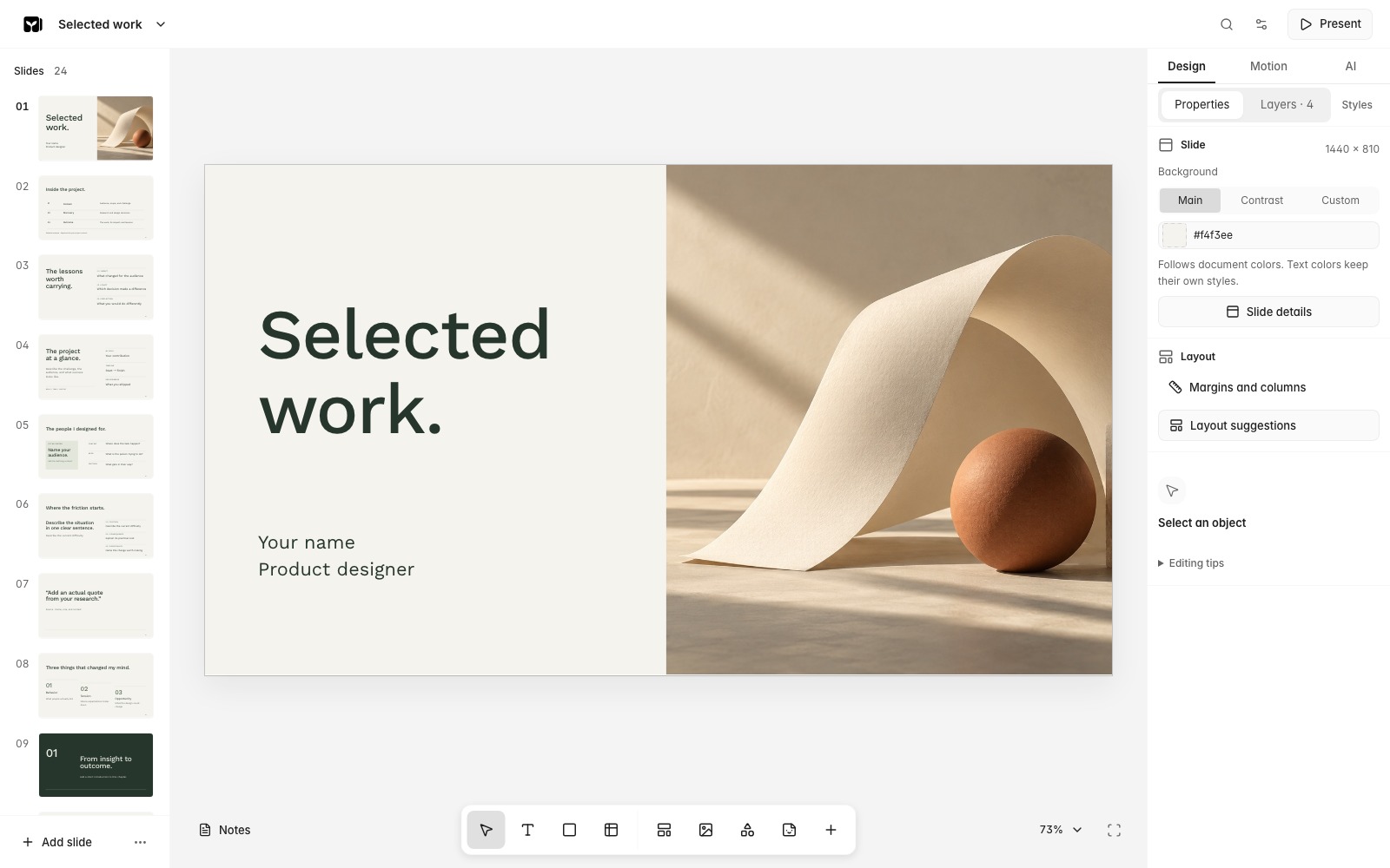 The real Decksprig editor with editable slide content, page order and contextual design controls.